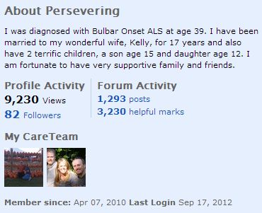 ALS patient Persevering’s CareTeam members (his wife and his sister, respectively) are displayed in the “About Me” section of his profile. 
